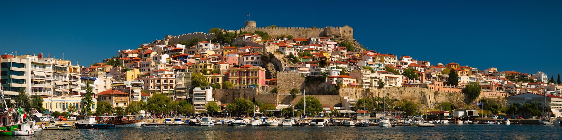 Panoramic shot of the city of Kavala in Greece. Located in northern Greece, Kavala is the main seaport of eastern Macedonia