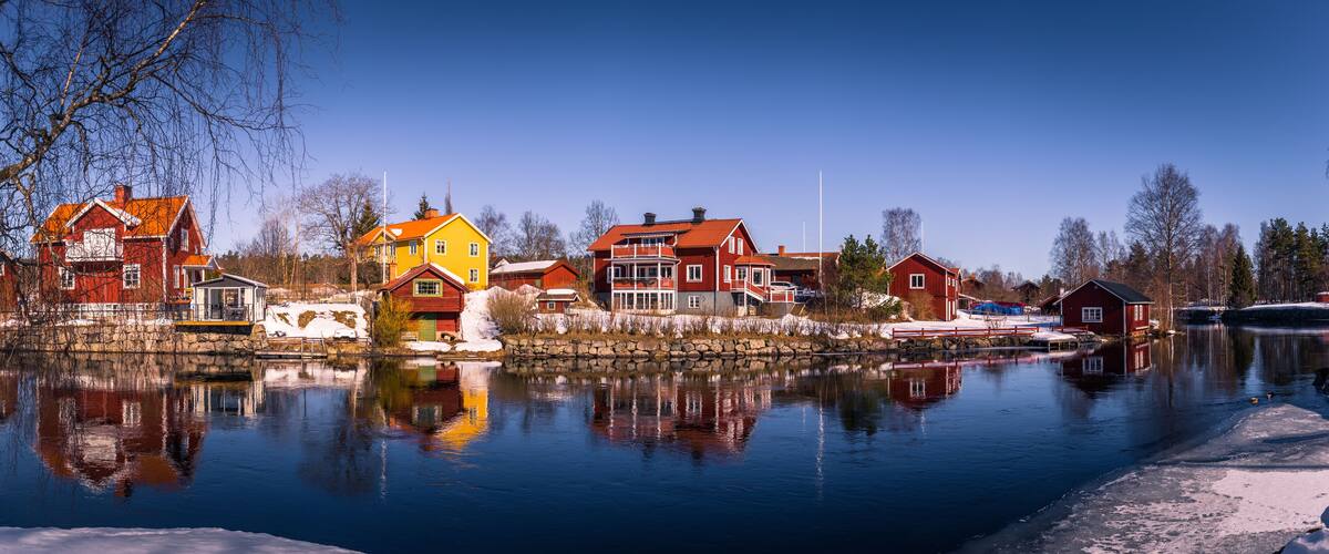 Sundborn - March 30, 2018: Panorama of the picturesque town of Sundborn in Dalarna, Sweden
