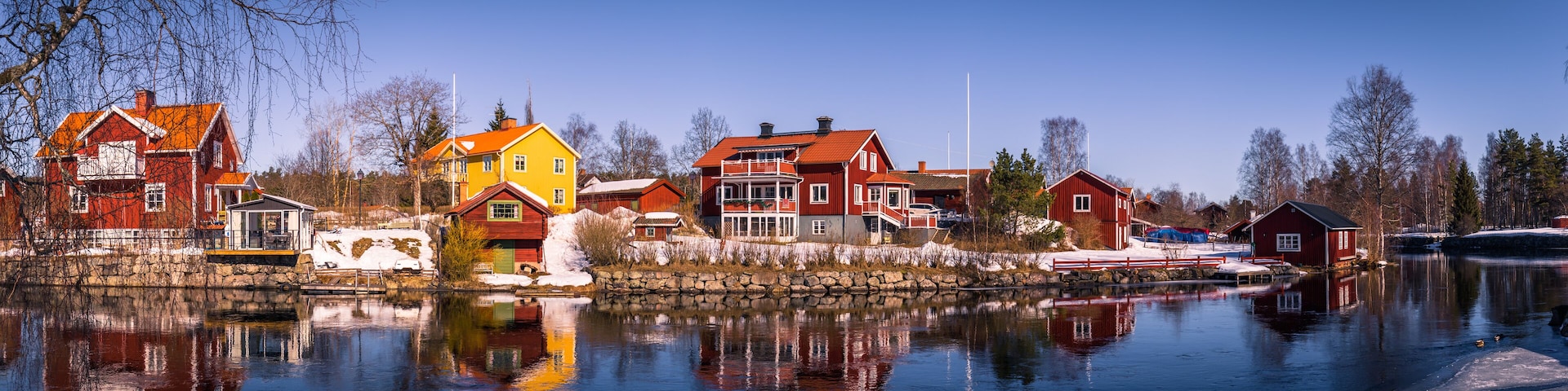 Sundborn - March 30, 2018: Panorama of the picturesque town of Sundborn in Dalarna, Sweden