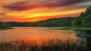 A sunset over a calm lake surrounded by dense forest.