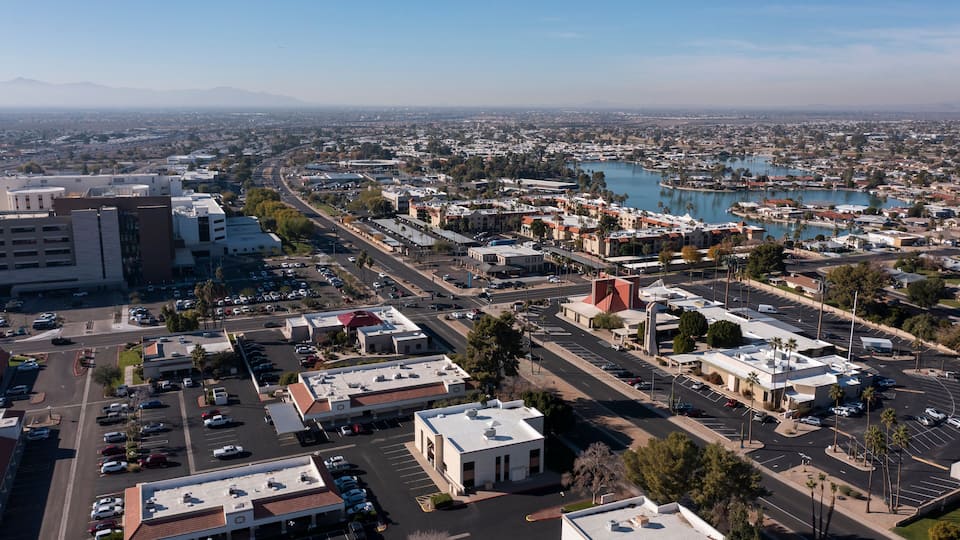 Daytime view of the downtown urban skyline of Sun City, Arizona, USA.