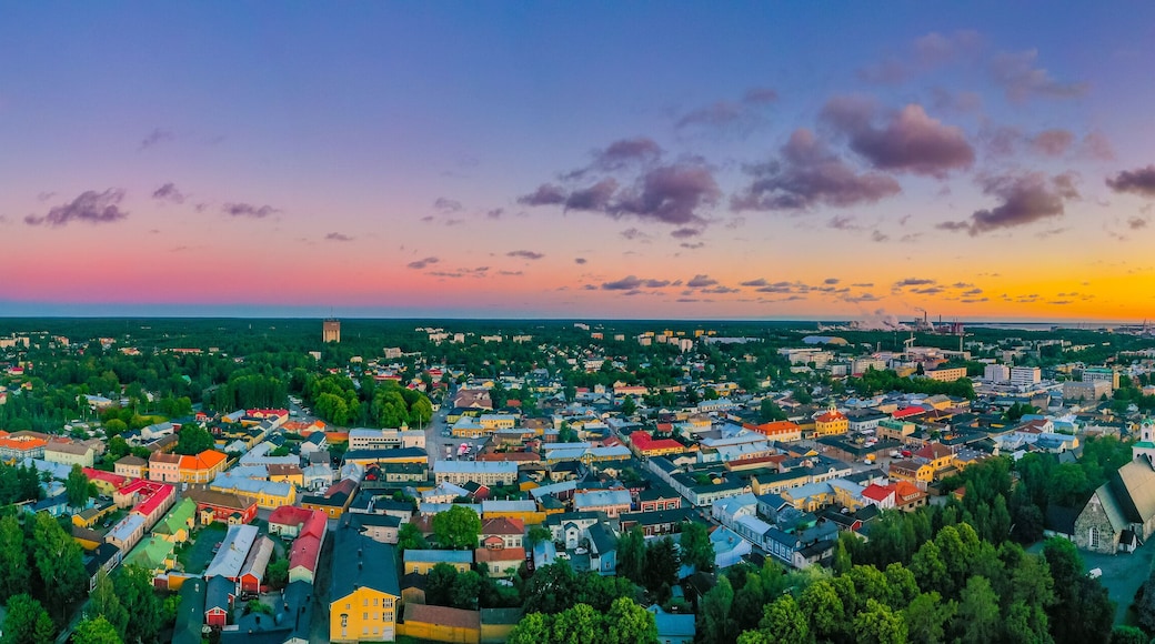 Sunset panorama of the holy cross church and Finnish town Rauma