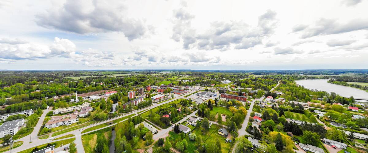 Aerial panoramic view of city Inkeroinen at river Kymijoki, Finland.