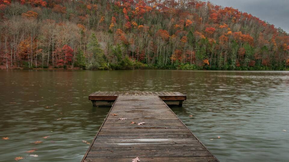 A wooden pier extending into a calm lake, surrounded by a forest with autumn-colored trees.