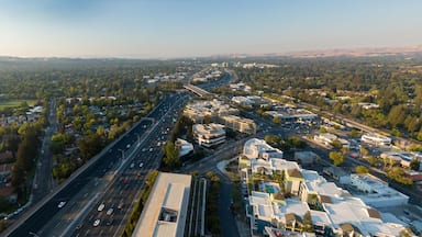 Aerial view of a busy I-680 highway in Walnut Creek, California, USA. Cars and trucks are commuting during the day, showcasing the region's infrastructure and traffic patterns.