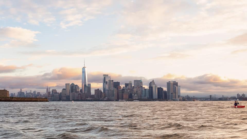 The Statue of Liberty and the New York City skyline.