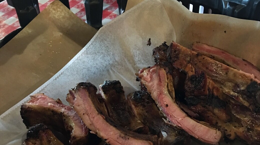 Whenever I see a Rudy's BBQ anywhere I stop by and eat! Only because we don't have them in Los Angeles. A must are these dry rubbed baby back ribs. You can really taste the smokiness.