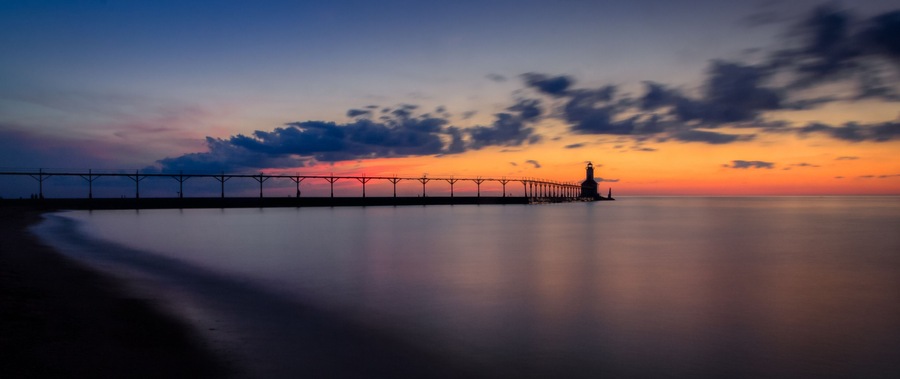 Michigan City East Pierhead Lighthouse After Sunset Panorama