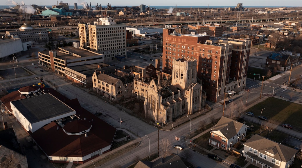 Sunset shines on the historic central core of downtown Gary, Indiana, USA.