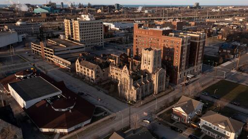 Sunset shines on the historic central core of downtown Gary, Indiana, USA.