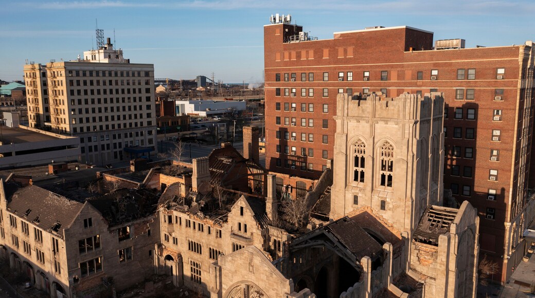 Sunset shines on the historic central core of downtown Gary, Indiana, USA.