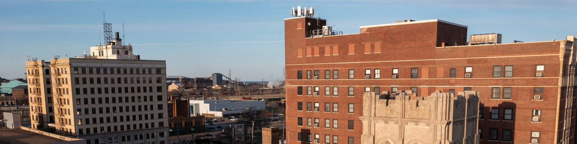Sunset shines on the historic central core of downtown Gary, Indiana, USA.