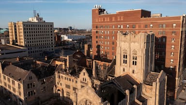 Sunset shines on the historic central core of downtown Gary, Indiana, USA.