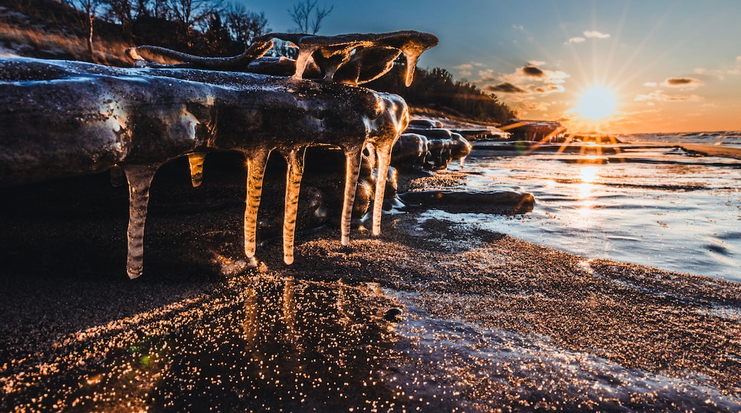 Ice formations along shore of Lake Michigan, Indiana Dunes.