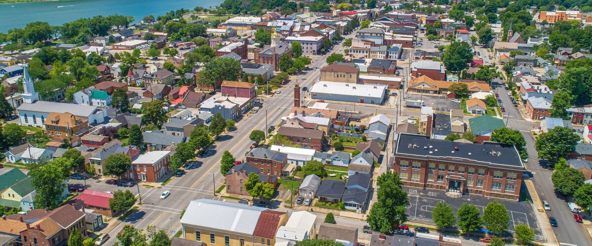 Aerial View of Historic Madison Indiana on the Ohio River