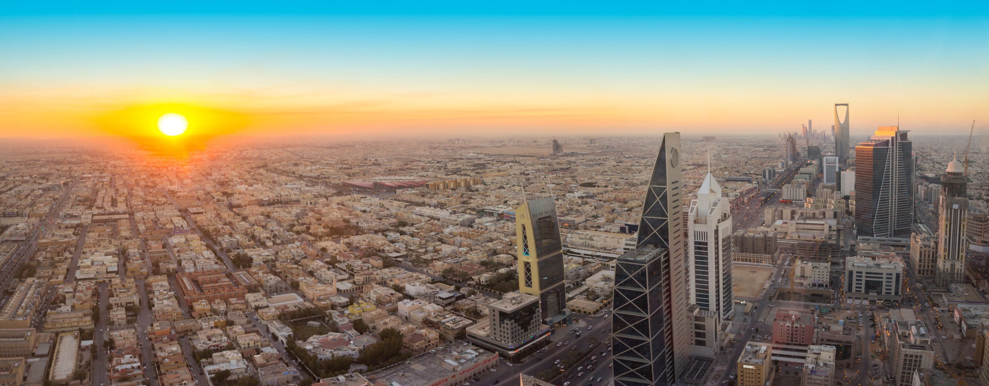 Aerial view of Riyadh City, the Capital of Saudi Arabia, on sunset