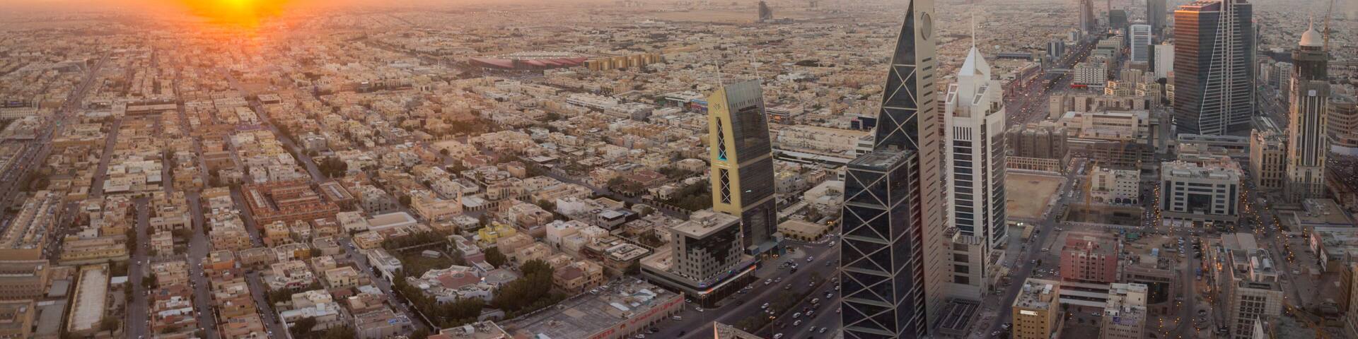 Aerial view of Riyadh City, the Capital of Saudi Arabia, on sunset