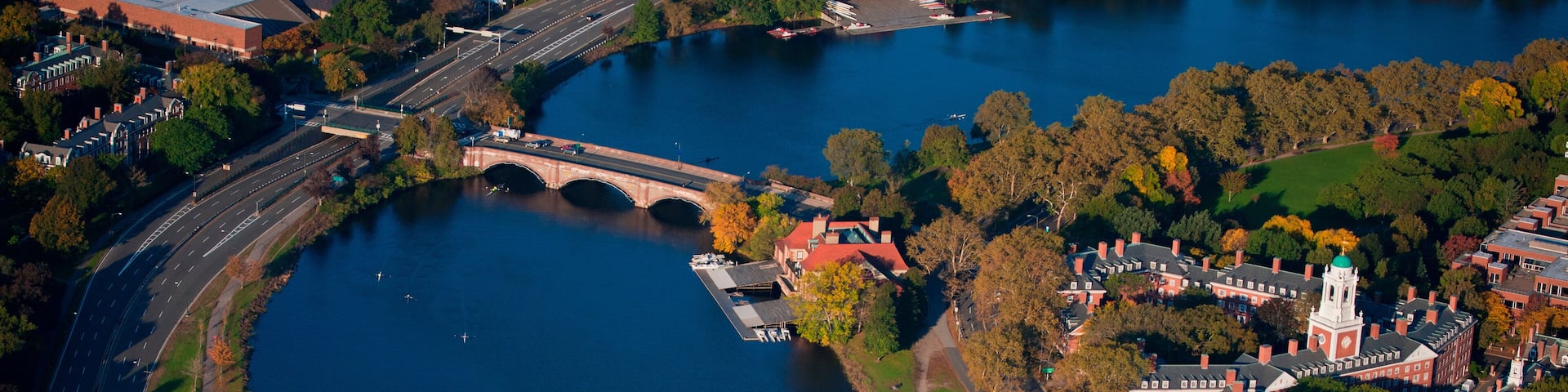 AERIAL VIEW of Charles River with views of John W. Weeks Bridge and Anderson Memorial Bridge, Harvard, Cambridge, Boston, MA.