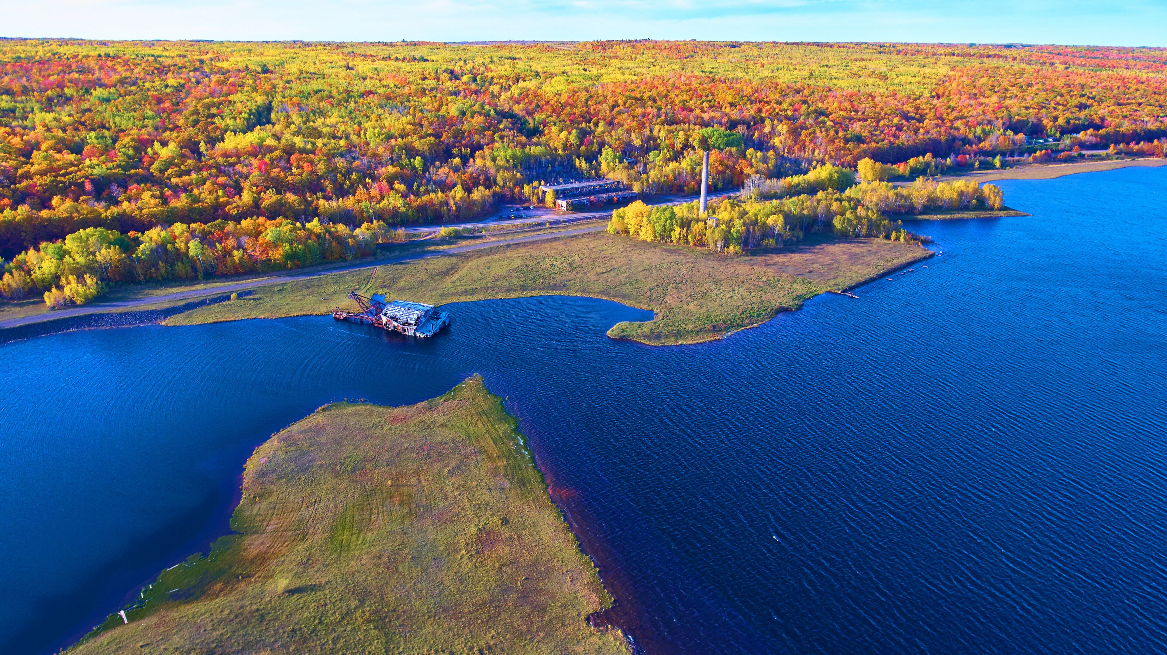 Aerial Autumn Splendor and Abandoned Dock on Lake, Quincy