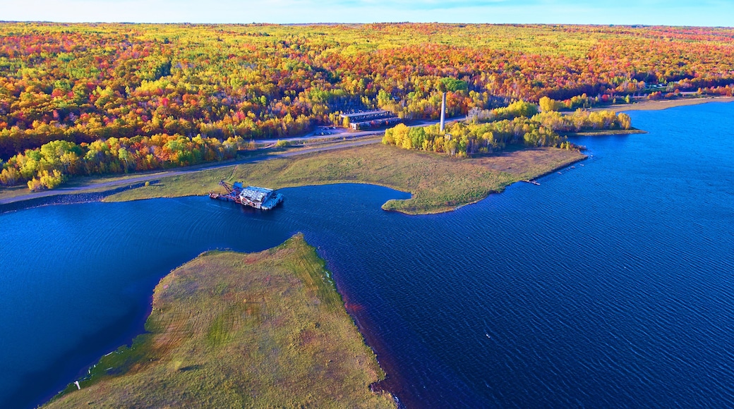 Aerial Autumn Splendor and Abandoned Dock on Lake, Quincy