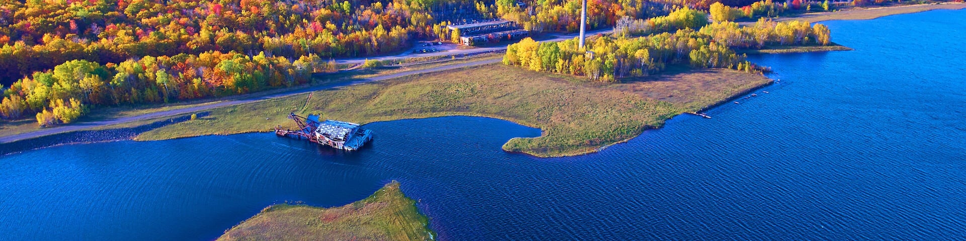 Aerial Autumn Splendor and Abandoned Dock on Lake, Quincy