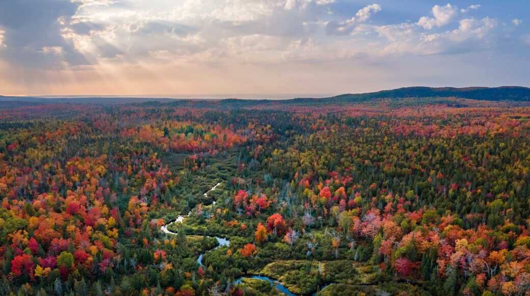 Sunset autumn aerial views on the drive through the Michigan Upper Peninsula UP - Highway 41 M26 Aerial view