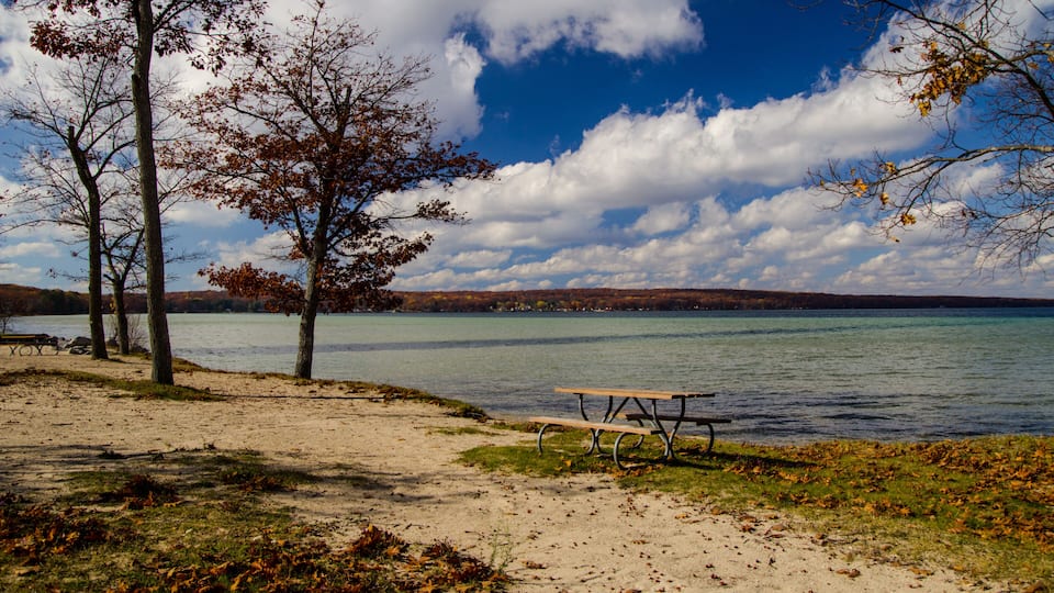 A lakeside picnic area with a bench, trees, and a clear sky.