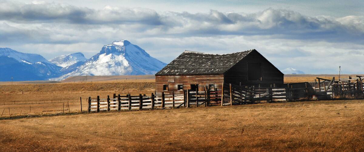 A wooden barn with a fenced area in a dry grass field, with snow-capped mountains in the background.