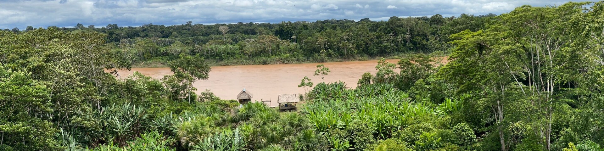 panorama showing tambopata river and forest canopy in manu national park peru