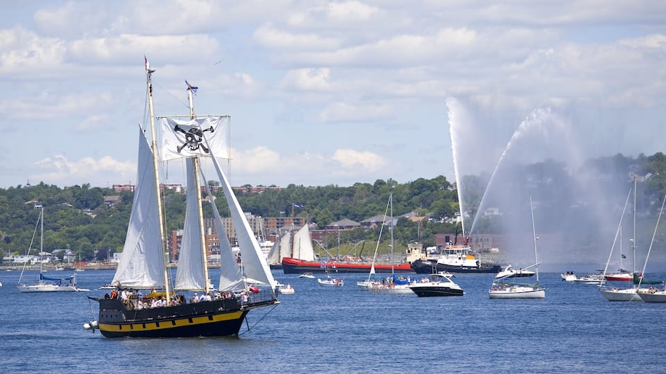 A harbor with multiple sailboats, a large ship, and a fountain spraying water into the air.