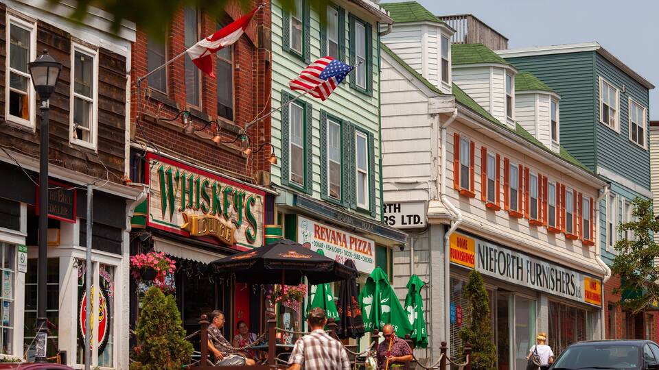A street with various shops including a whiskey lounge, a pizza restaurant, and a furniture store.