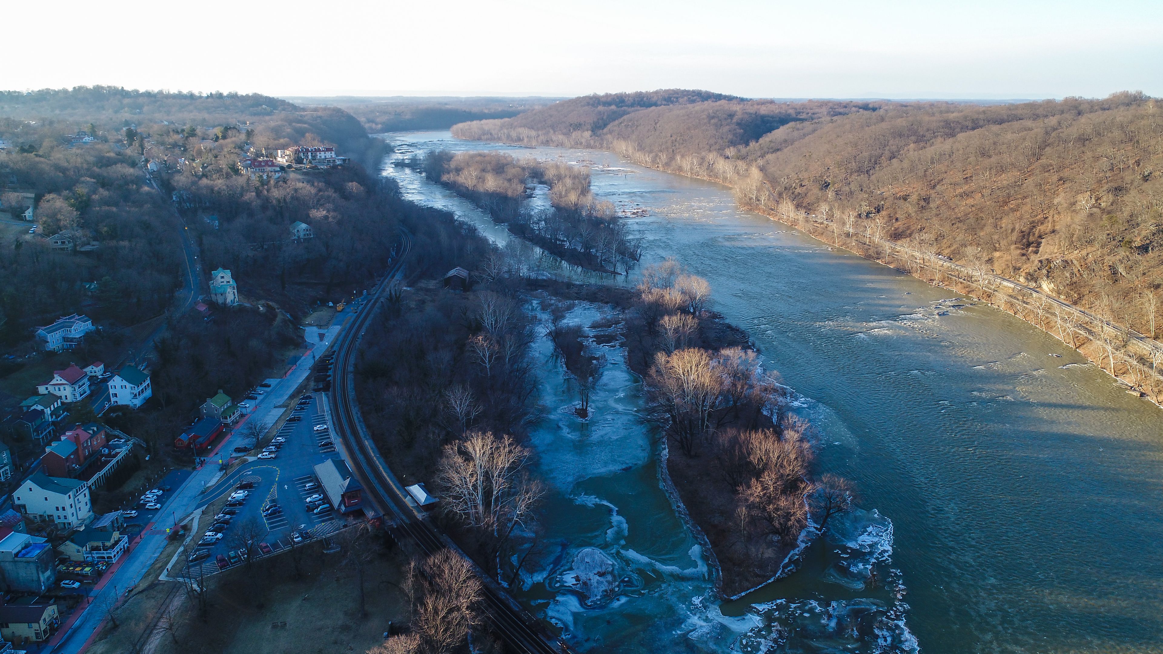 An aerial view of Harpers Ferry, West Virginia on a cold January afternoon.