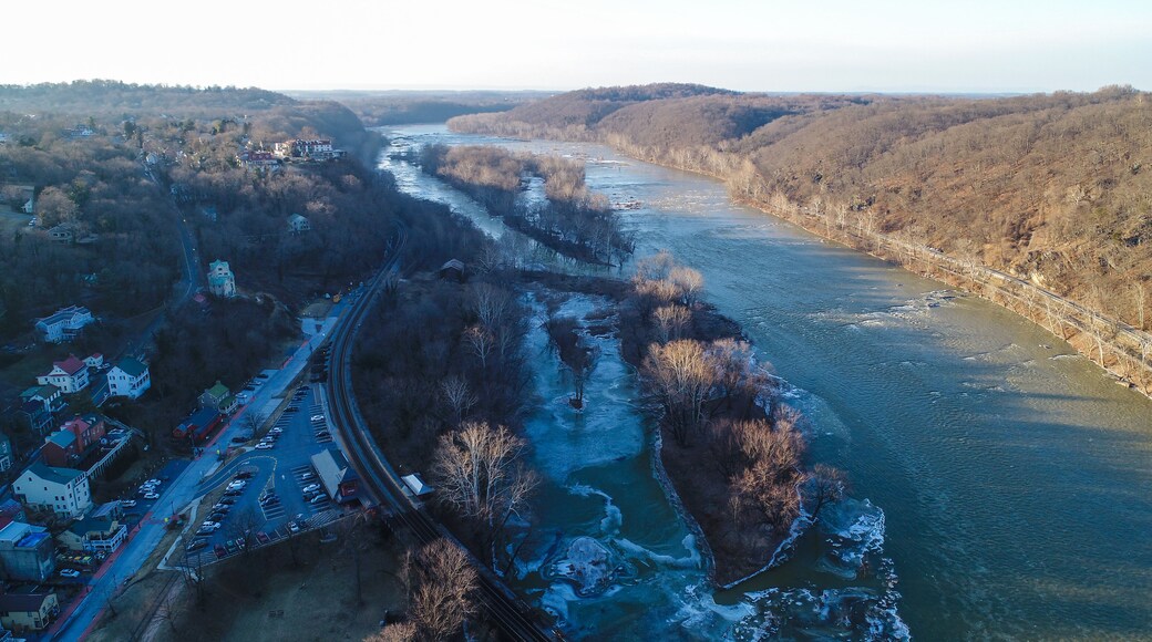 An aerial view of Harpers Ferry, West Virginia on a cold January afternoon.
