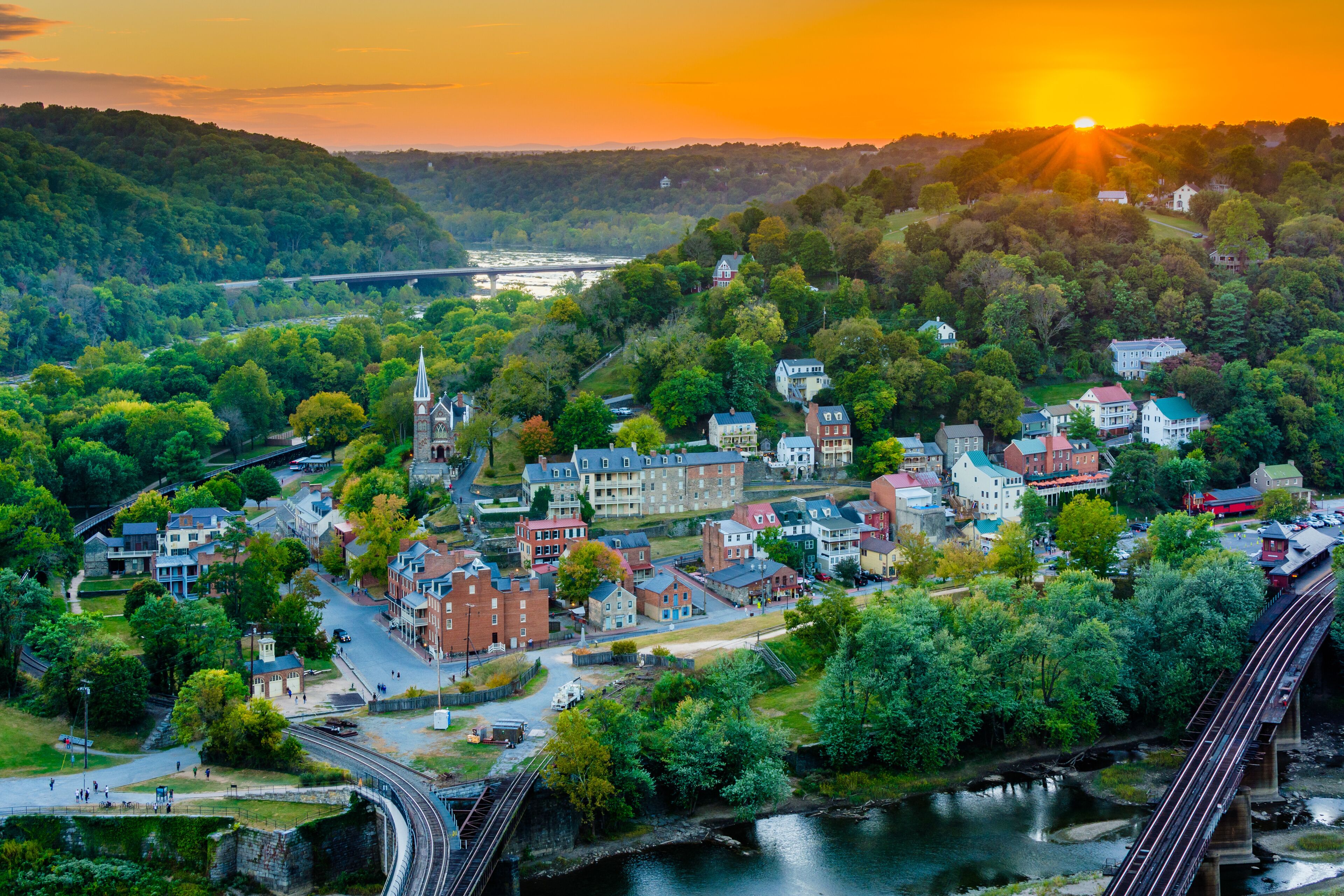 A sunset view from Maryland Heights, overlooking Harpers Ferry, West Virginia.