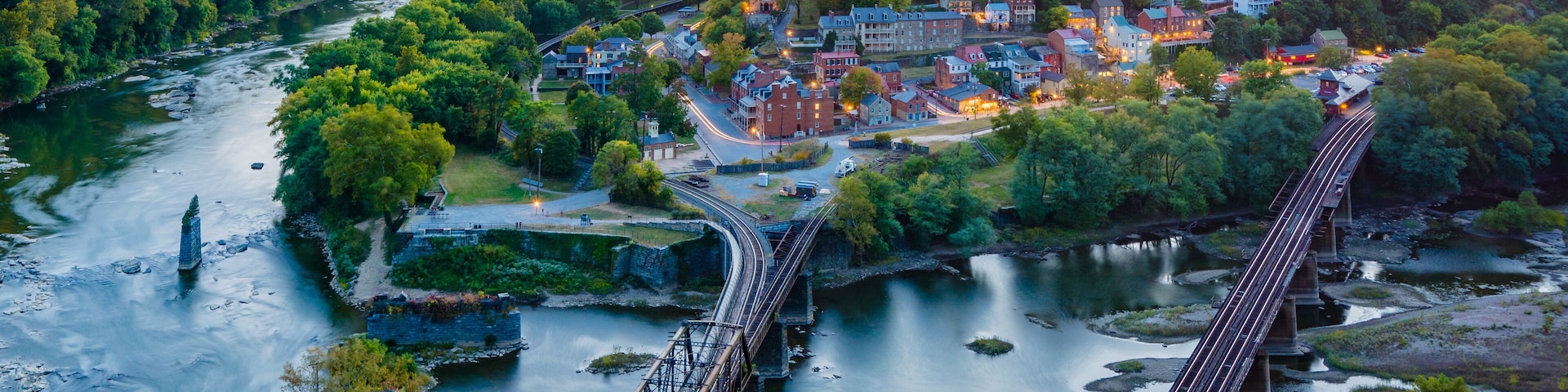 A sunset view from Maryland Heights, overlooking Harpers Ferry, West Virginia.