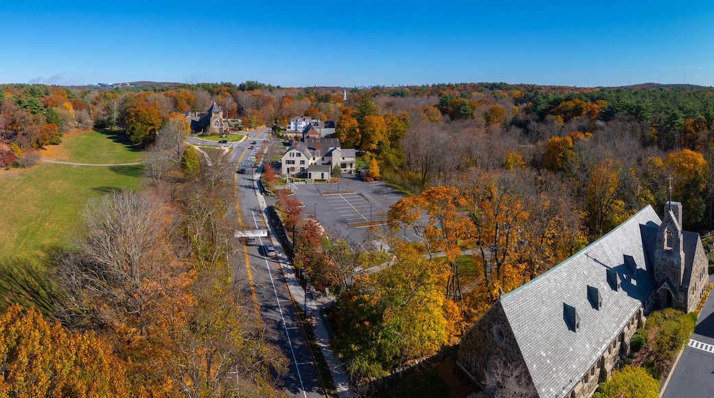 Weston historic town center aerial view including Town Hall at Lanson Park and First Parish Church in fall with foliage, Weston, Massachusetts MA, USA.