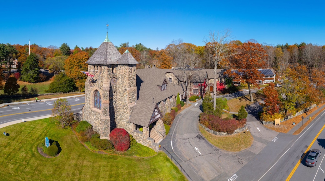 First Parish Church panoramic aerial view in fall with foliage at 349 Boston Post Road in historic town center of Weston, Massachusetts MA, USA.