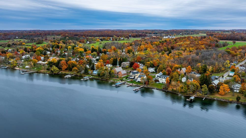 Aerial photo of the fall foliage surrounding the Village of Aurora, Cayuga County, New York State, October 2024.