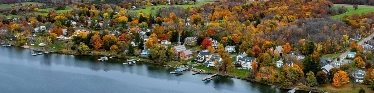 Aerial photo of the fall foliage surrounding the Village of Aurora, Cayuga County, New York State, October 2024.