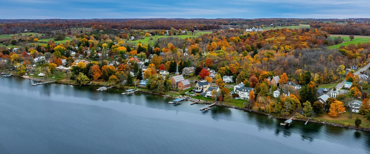 Aerial photo of the fall foliage surrounding the Village of Aurora, Cayuga County, New York State, October 2024.