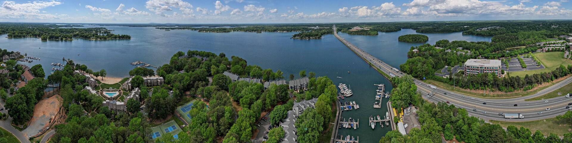 Bird's eye panoramic view of interstate route 77 crossing Lake Norman near Davidson, North Carolina