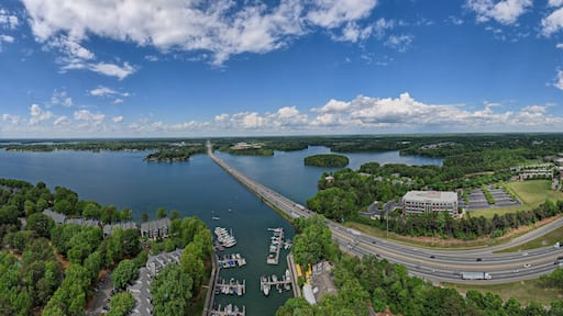Bird's eye panoramic view of interstate route 77 crossing Lake Norman near Davidson, North Carolina