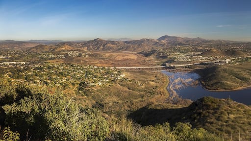 Wide Scenic Panoramic Landscape View of Lake Hodges and San Diego County North Inland from summit of Bernardo Mountain Peak in Poway California