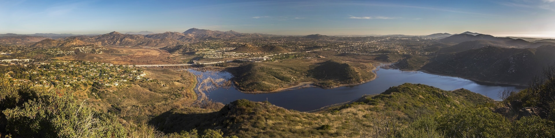 Wide Scenic Panoramic Landscape View of Lake Hodges and San Diego County North Inland from summit of Bernardo Mountain Peak in Poway California