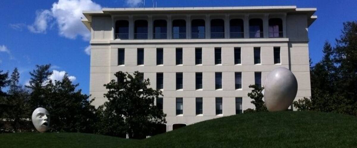 Two Robert Arneson Eggheads at UC Davis. These have mouths, but no ears -- talking, but not listening. They used to be clearly installed in front of the law school, then were moved when the law school expanded. So they are now almost equidistant to the administration building, Mrak Hall. Either way, I believe the irony is true to the artist's intent.