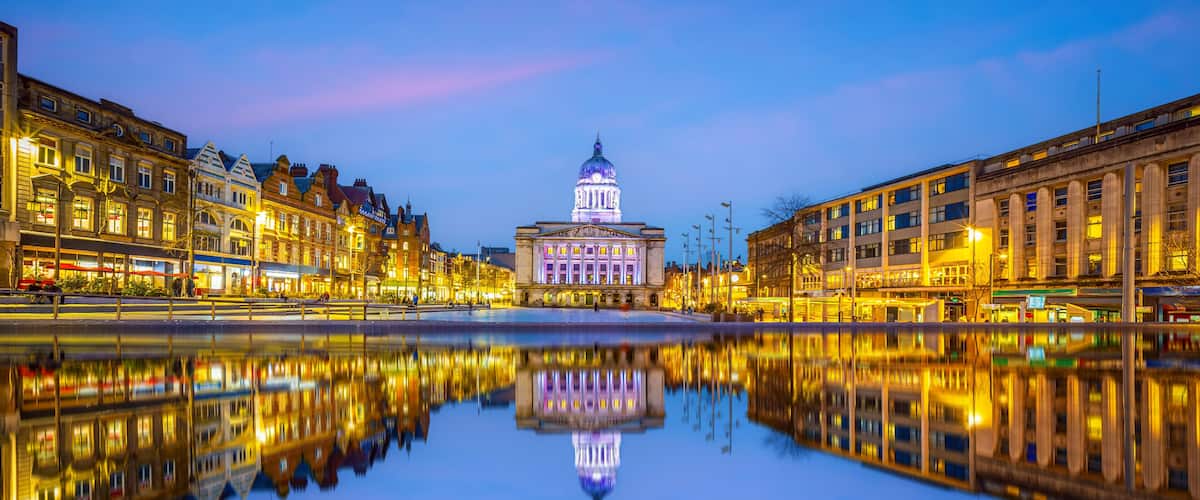 Downtown Nottingham city skyline, cityscape of England