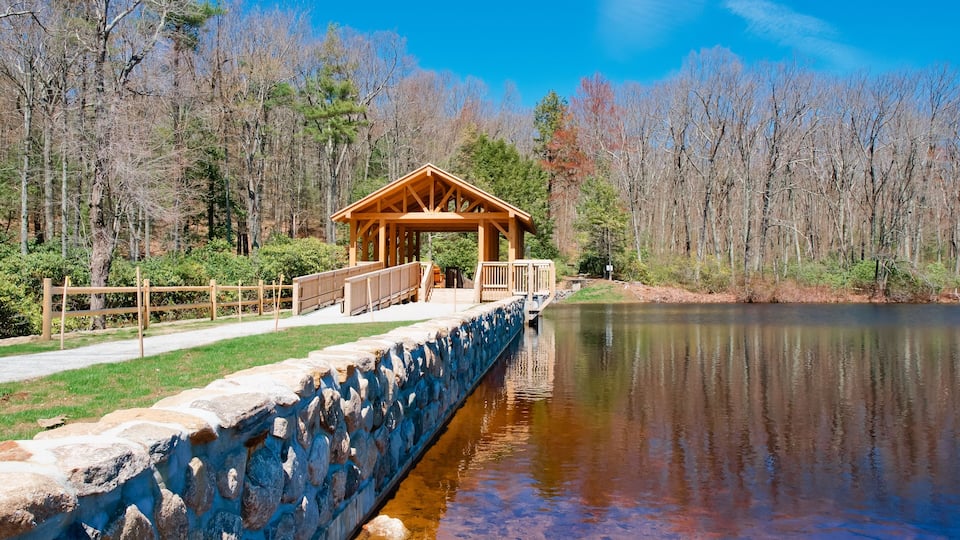 A wooden gazebo by a calm lake surrounded by trees.