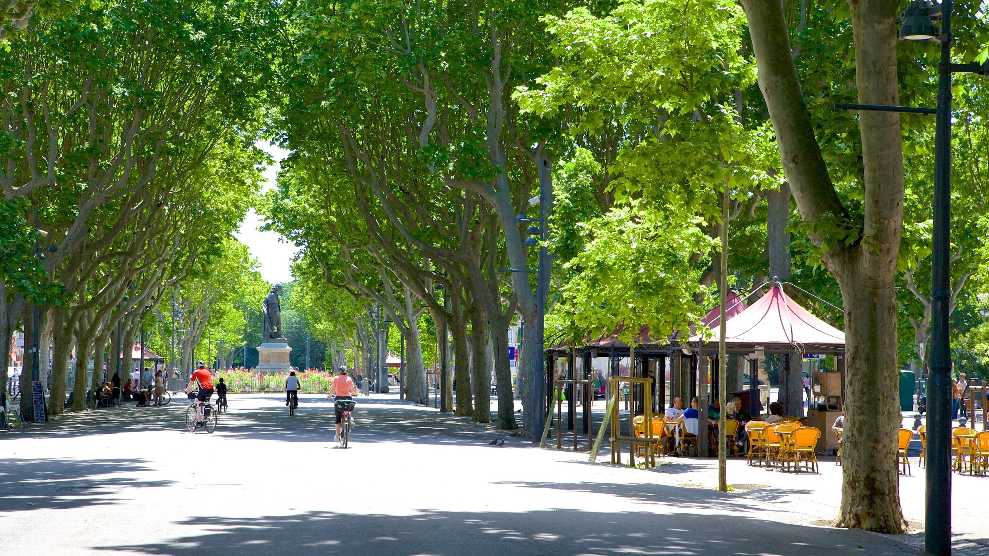 Una calle arbolada con una estatua, mesas al aire libre y gente andando en bicicleta.