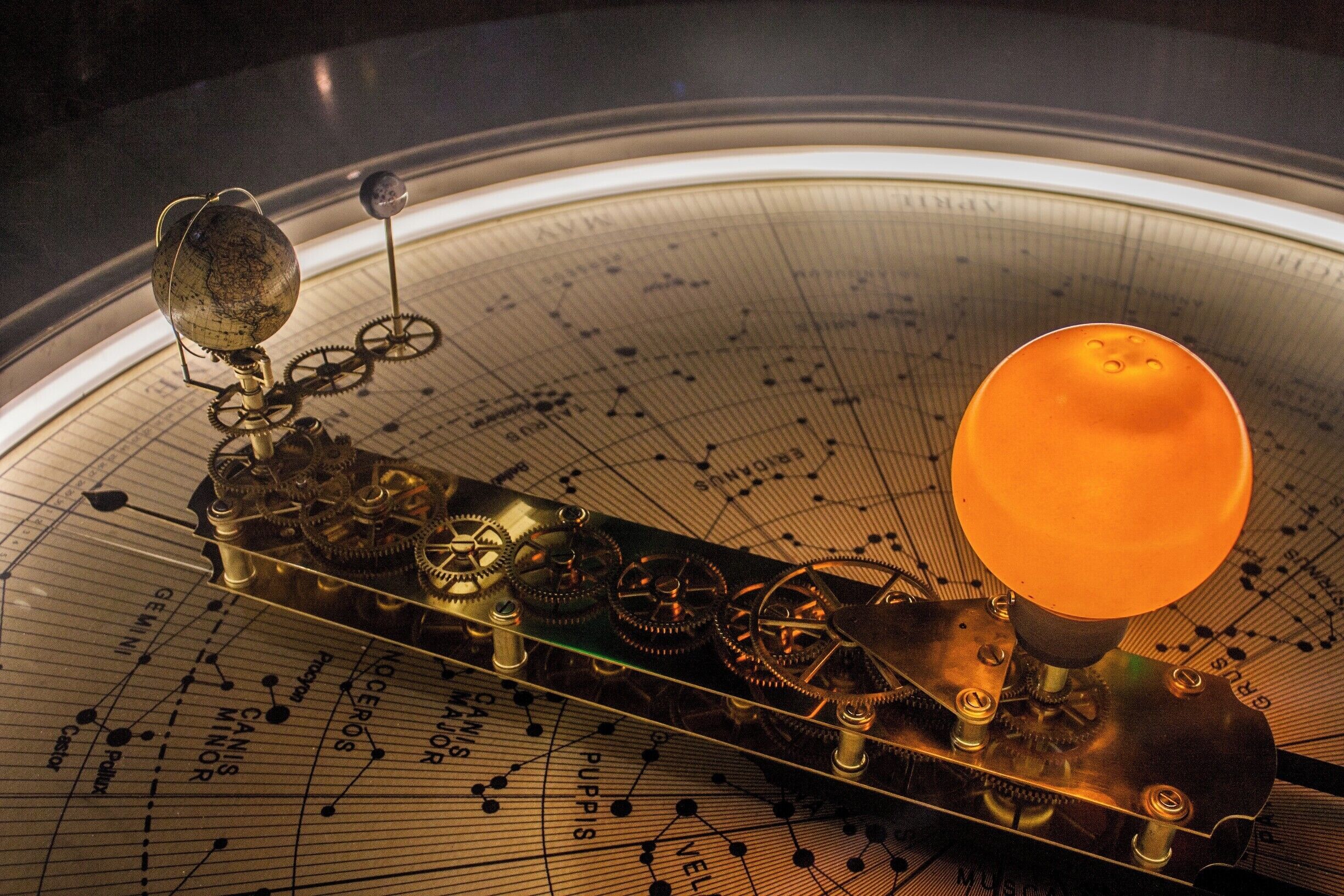 This model of the Earth, Moon & Sun is geared so that one turn of the handle represents on day!