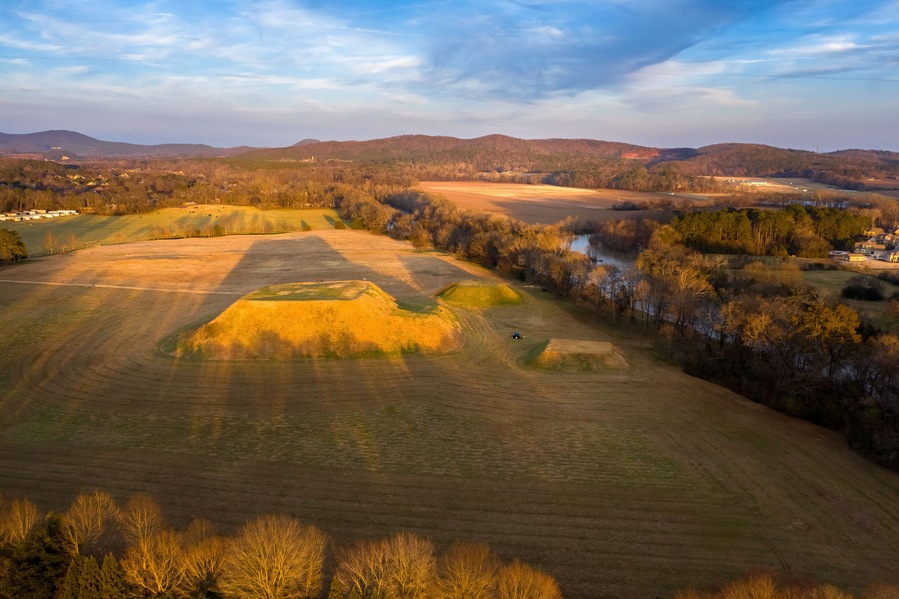 Aerial view of Etowah Indian Mounds Historic Site in Cartersville Georgia
